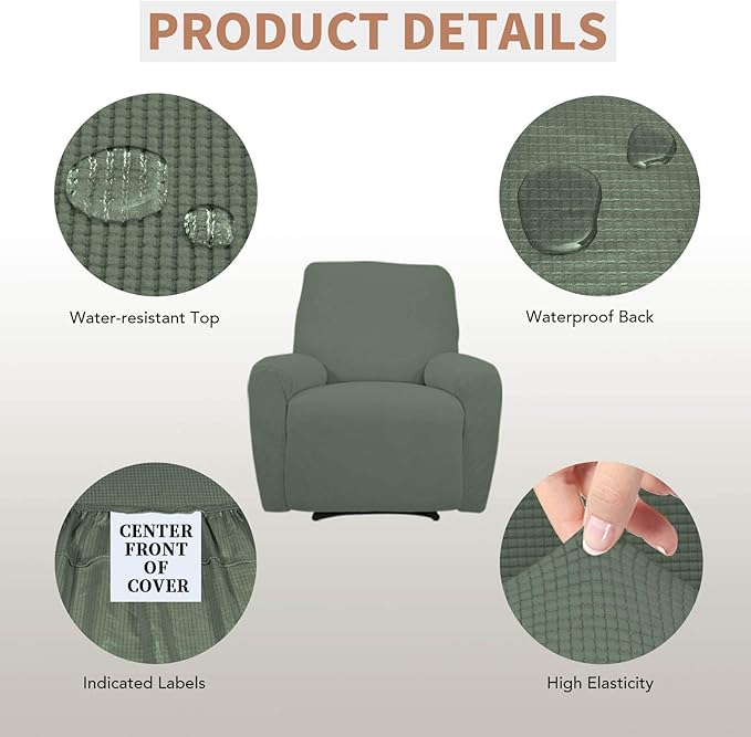 Easy-Going 100% Waterproof Recliner Cover, Dual Waterproof Couch Cover for Recliner, 1- Piece Jacquard Sofa Cover, Leakproof Sofa Slipcover for Kids, Pets, Dog and Cat (Recliner, Grayish Green)