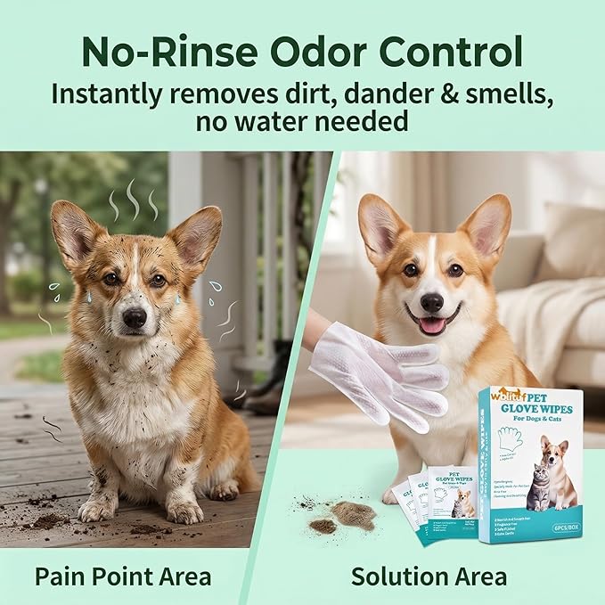 Pet Cleaning Glove Wipes 6 Count | Individually Wrapped Disposable Grooming Glove Wipes with Aloe & Jojoba Oil, Waterless No-Rinse Odor Control, Lick-Safe Five-Finger Design for Dogs&Cats