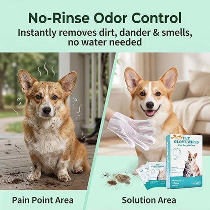 Pet Cleaning Glove Wipes 6 Count | Individually Wrapped Disposable Grooming Glove Wipes with Aloe & Jojoba Oil, Waterless No-Rinse Odor Control, Lick-Safe Five-Finger Design for Dogs&Cats