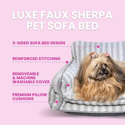 Glow Pups Dog Bed Cozy Sofa, Striped Pattern Cat Bed with Soft Faux Lambswool Cushion, Machine Washable Cotton Blend, Three-Sided Design, Grey/White, Medium 25.6" X 15.75" X 11.81"