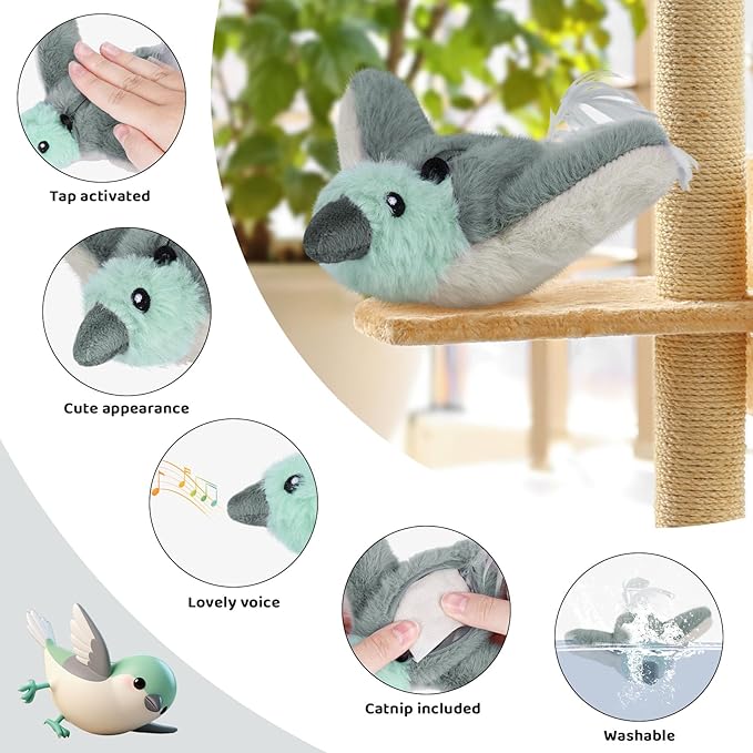 Cat Toys Flapping Birds with Catnip Bags, Chirping Interactive Kitten Toy Indoor, Lifelike Birdie Tweets, Rechargeable Enrichment Moving Wings Cat Exercise Toys Kicker for All Breeds Cat Dog(Gray)
