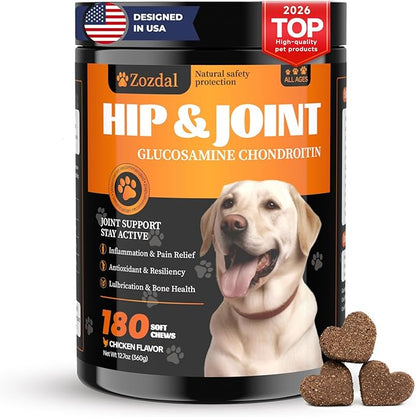 Dog Hip & Joint Supplement, 180 Chicken Chews - Glucosamine Chondroitin MSM Turmeric for Large Breed & Senior Dogs