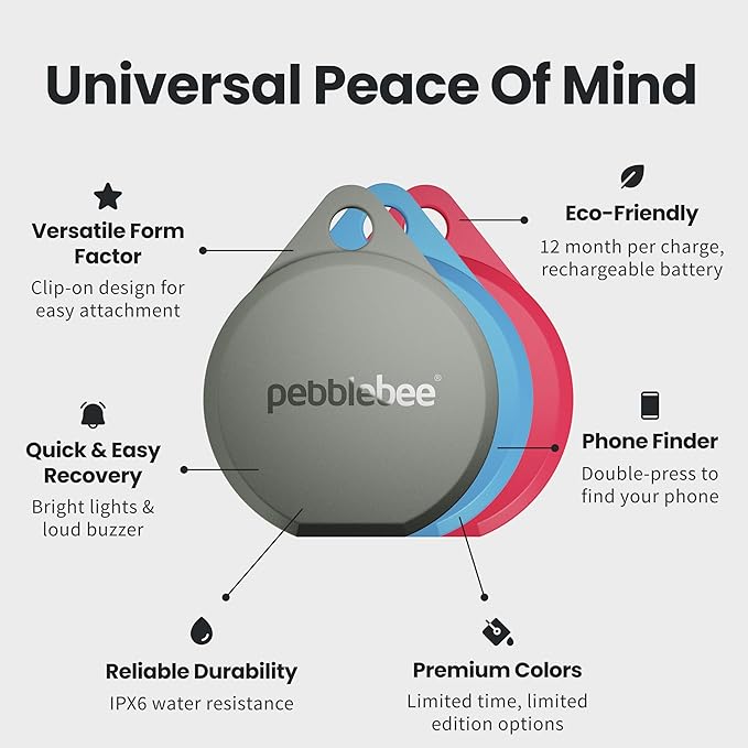 Pebblebee Clip 5 | Rechargeable Bluetooth Tracker Tag for Keys | Alternative to Air Tag & Android Trackers | 130 dB Siren, Bright LED Strobe, 12-Month Battery, Alert Safety Mode | Hot Coral