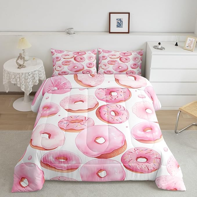 Erosebridal Cartoon Donut Bedding Sets Twin Dessert Cake Down Comforter,White and Pink Quilt Set for Kids Toddler and Girls Cartoon Style Quilted Comforter Lightweight Soft Room Decorative 2 Piece