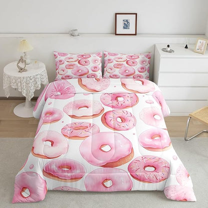 Erosebridal Cartoon Donut Bedding Sets King Dessert Cake Down Comforter,White and Pink Quilt Set for Kids Toddler and Girls Cartoon Style Quilted Comforter Lightweight Soft Room Decorative 3 Piece