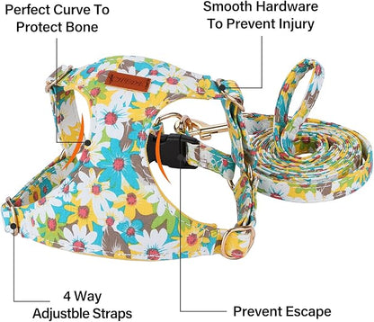 CHEDE No Pull Floral Pattern Dog Harness- Lightweight and Soft Harness, Adjustable Small Dog Harness and Leash Set, with Dog Leash, Suitable for Puppy Small and Medium-Sized Dog