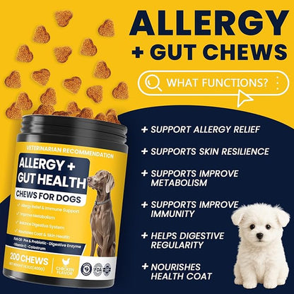Dog Allergy Chews Probiotics for Dogs Yeast, Itchy Skin and Itchy Ears Itch Relief Immune Pre Probiotic Chews for Pet Digestive Gut Health Anti Itch Supplement for Itching and Licking Dogs Allergies