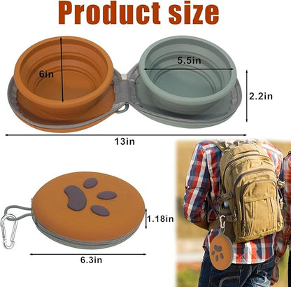 Collapsible Dog Bowls, 2-in-1 Silicone Pet Food and Water Bowl with Carabiner, Portable Double Compartment Dish for Travel, Camping, Hiking Puppy Essentials (Green Brown)