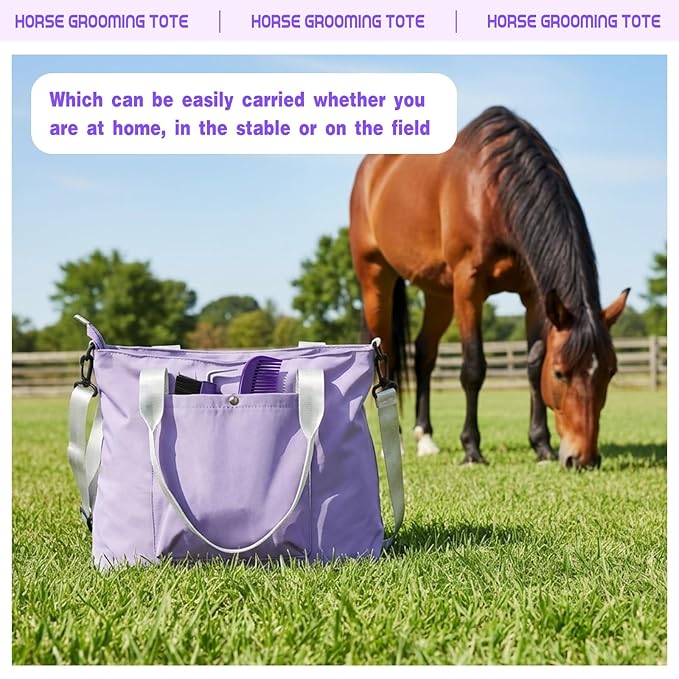 Abbylike 15 Pieces Horse Grooming Kit with Organizer Tote Bag Tack Room Supplies Horse Brush Sets Care Equine Cleaning Kit Shedding Grooming Massaging Tools(Purple and Grey)