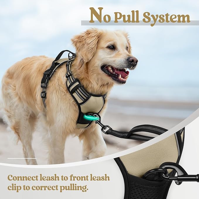 rabbitgoo Dog Harness No Pull with 2 Leash Clips, Adjustable Soft Padded, Reflective Oxford No Choke Pet Vest with Easy Control Handle for Large Dogs, Beige, L