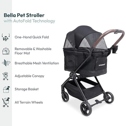 WonderFold Bella Pet Stroller - Autofold Design with Lightweight Aluminum Frame, Breathable Carriage Fabrics and Canopy, Safety Tethers & Easy-Clean Interior - Graphite Black