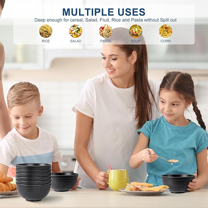 HOTEC BPA Free Unbreakable Wheat Straw Cereal Bowls - Microwave & Dishwasher Safe Soup and Salad Bowls, Set of 8, 26oz, Black