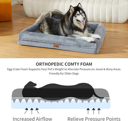 Jumbo Dog Bed for Extra Large Dogs, Washable Orthopedic Dog Bed with 4-Sides Removable Bolster, Waterproof Non-Slip Egg-Crate Foam Pet Couch Sofa, Dark Grey