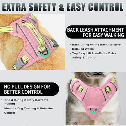 BARKBAY No Pull Dog Harness Large Reflective Dog Harness with Front Clip and Easy Control Handle for Walking Training Running with ID tag Pocket(Baby Pink & Sunlight,XS)