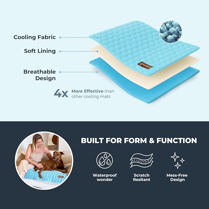 Pelsbarn Dog Cooling Mat- Ice Silk Summer Comfort, Self Cooling, Non-Slip Dog Pad, Durable & Washable, Mat for Small Dogs 18"" x 21"", Support Shelter Dogs with Every Purchase (Blue)