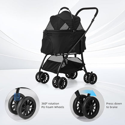 Pet Stroller Quickly Folds for Easy Storage Cat Stroller with Detachable Carrier Thickened Oxford Cloth Breathable Basket Dog Strollers for Small Dogs (Black)