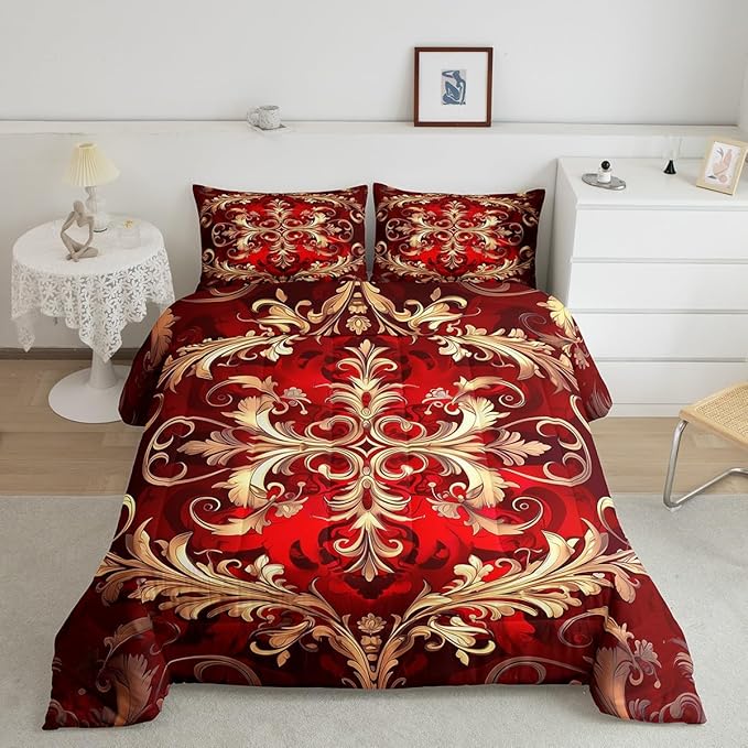 Erosebridal (Just Print Red Damask Print King Size Comforter Set, Bohemian Vintage Floral Paisley Soft Bed Set for Kids Boys Girls, Tribal Hippie Exotic Quilt Set,Victorian Baroque Bed Sets