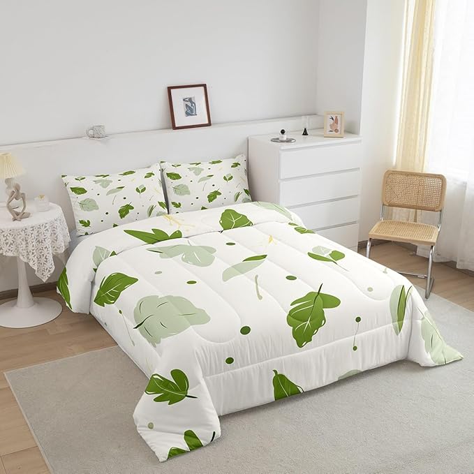 Erosebridal Green Leaf Twin Comforter Set White and Green Bedding Set Twin Botanical Theme Duvet Insert,Graffiti Cartoon Quilted Comforter Adults Men Women Microfiber Bedroom Décor 2 Piece