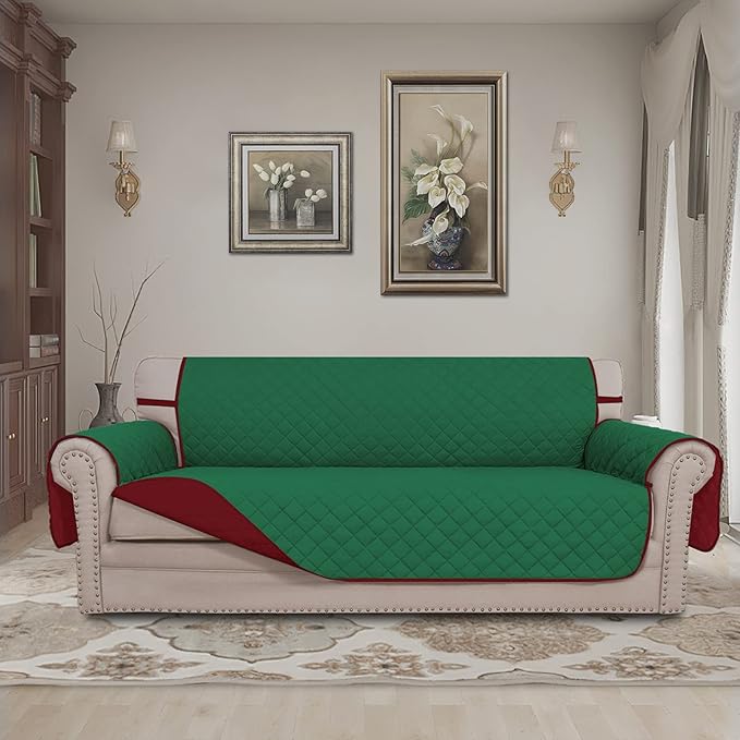 Easy-Going Reversible Couch Cover for 3 Cushion Couch Sofa Cover for Dogs Water Resistant Furniture Protector Cover with Foam Sticks Elastic Straps for Pet Cat (Sofa, Green/Christmas Red)