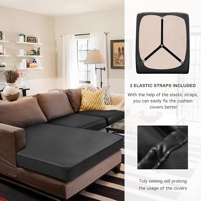 Yates Home 3 Piece Sectional Couch Covers - L Shape Sofa Cushion Covers with Separate Cushions for Both Left/Right Chaise (2 Seater + 1 Chaise, Black PU Leather Slip Cover)