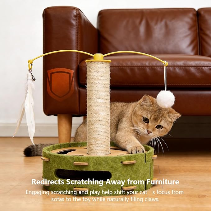 Cat Nail File Enrichment Box with Scratching Post, Sandpaper Scratcher Base, Interactive Cat Scratch Puzzle Box with Rotating Teaser & Bell Balls for Indoor Cats