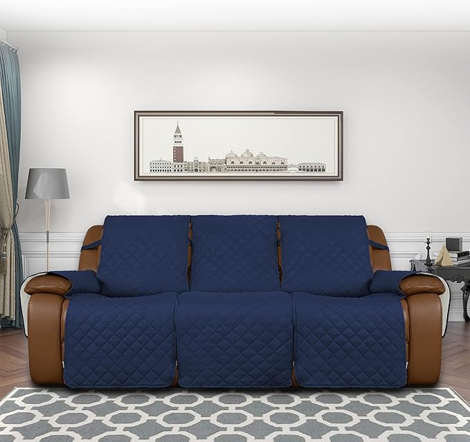 Easy-Going Recliner Sofa Cover, Reversible Couch Cover for 3 Seat Recliner, Split Sofa Cover for Each Seat, Furniture Protector with Elastic Straps for Kids, Dogs, Pets(3 Seater, Navy/Ivory)