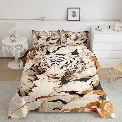 Erosebridal Tiger Comforter Set Full Woodland Wild Animal Bedding Set Oriental Japanese Style Down Comforter 3D Cartoon Quilted Comforter Youth Teenage Beige Room Decoration Microfiber 3pcs