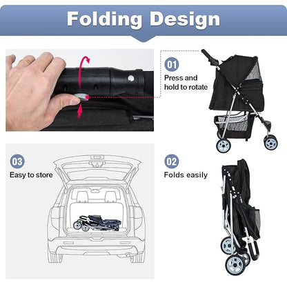 BestPet Pet Stroller Dog Cat Jogger Stroller for Medium Small Dogs Cats Folding Lightweight Travel Stroller with Cup Holder (Black, 3 Wheels)