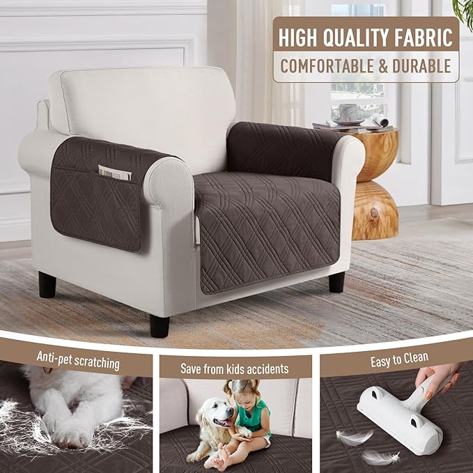 TAOCOCO Waterproof Chair Covers for Pets Dogs with Non Slip Backing, Chair Seat Covers with Side Pocket for 1 Seater Couch Washable Dog Couch Cover Protector Sofa Slipcovers(Chair, Chocolate)
