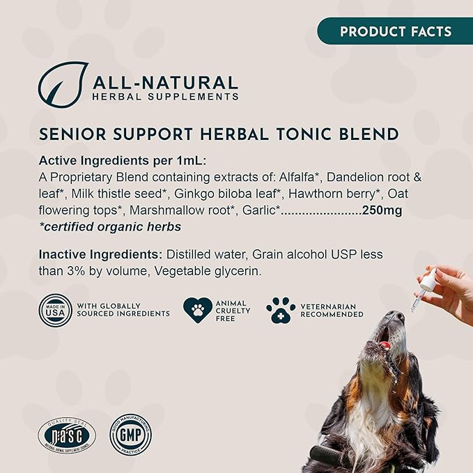 Animal Essentials Senior Support for Dogs & Cats Supplement - Milk Thistle, For Old Cats & Dogs, Pet Kidney Support, Herbal Supplement - 1 Fl Oz
