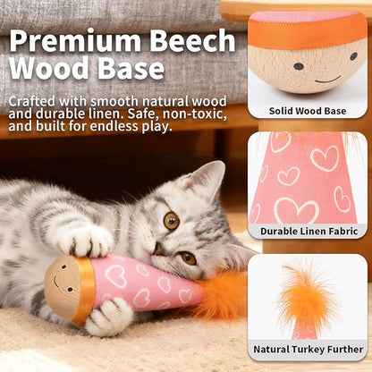 Lulu's world Cat Feather Toy, Catnip-Free Wooden Tumbler for Kittens & Indoor Cats, Interactive Wobble Starter Toy (Niuniu)