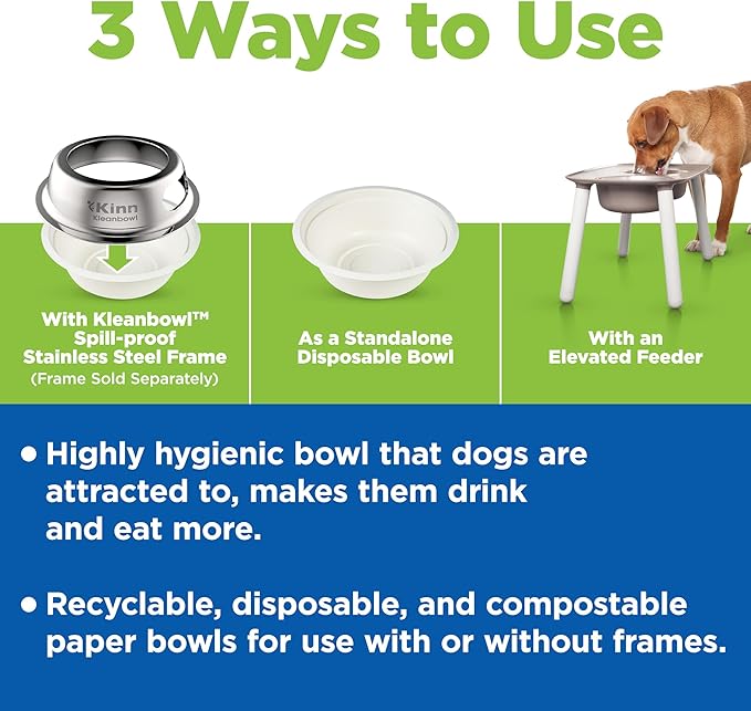 Kinn Kleanbowl Pet Bowl Stainless Steel Frame with Compostable Refills, 8 oz (Pack of 2) – Spill-Proof Stable Disposable Pet Bowls for Easy Cleaning and Healthy Pets, No Plastic