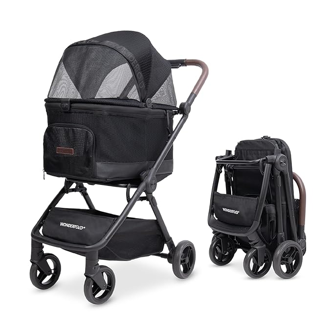 WonderFold Bella Pet Stroller - Autofold Design with Lightweight Aluminum Frame, Breathable Carriage Fabrics and Canopy, Safety Tethers & Easy-Clean Interior - Graphite Black