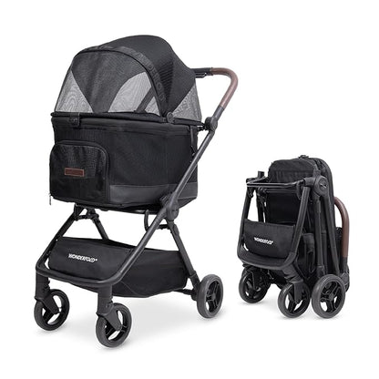 WonderFold Bella Pet Stroller - Autofold Design with Lightweight Aluminum Frame, Breathable Carriage Fabrics and Canopy, Safety Tethers & Easy-Clean Interior - Graphite Black