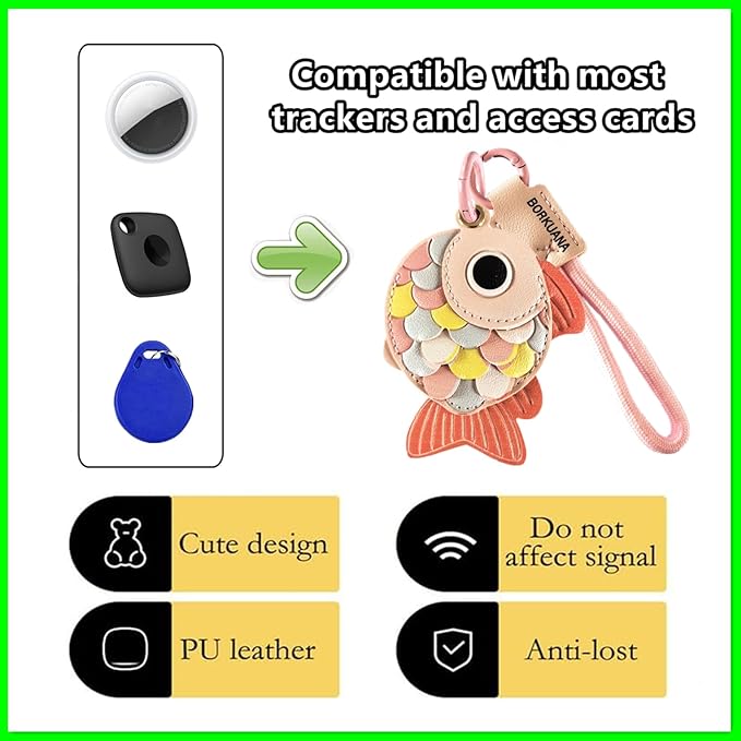 Leather Keychain Holder Case Compatible with AirTag,Cute Protective Cover with Keyring and Lanyard,Anti-Scratch Finder GPS Tracker Case for Wallet Keys,Bag,Pets,Backpack(Pink Fish)