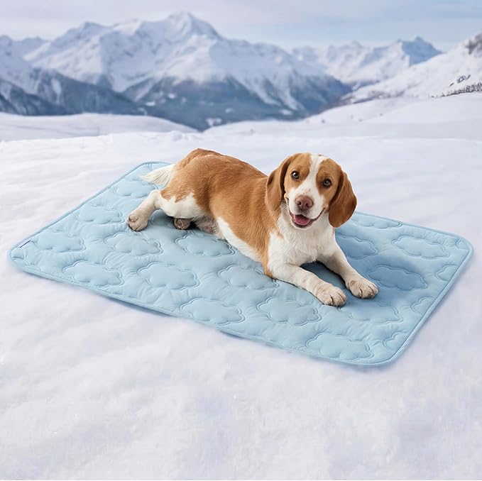 LE SURE Dog Cooling Mat for Large Dogs - QMAX>0.5 Breathable Thin Cool Crate Pad with Chill Cold Fiber and Innovative Mesh Base Design, Portable Washable Pet Kennel Mat for Summer, 36x27,Blue