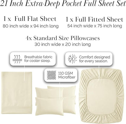 Southshore Fine Living, Inc. 6-Piece Full Sheet Set, 21-Inch Extra Deep Pocket Sheets Full Size Bed, Fitted and Flat Sheet Set, Microfiber Bedding, Cream Pillow Cases Standard Size, Cream Sheets