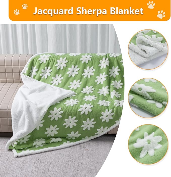 Waterproof Pet Blanket,Green Dog Blankets for Bed Covers Couch Sofa Stylish Jacquard Pets Throw Blankets for Puppy Cats Washable Reversible Furniture Protection Covers (Green Flower,M)