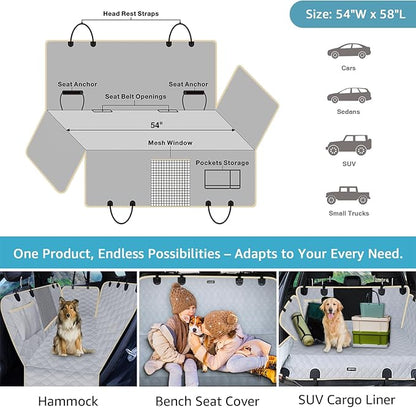 Lassie Dog Car Seat Covers for Back Seat with 2 Seat Belts, Waterproof Dog Car Hammock with Mesh Window Durable Scratch Proof Nonslip Pet Carseat Covers Universal Fit Protector for Cars, Trucks & SUVs