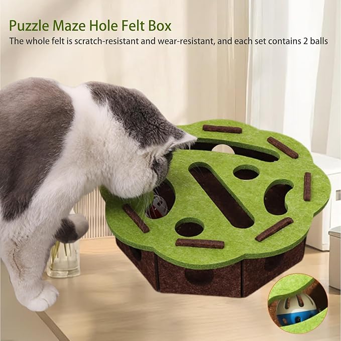 Interactive Cat Scratch Puzzle Enrichment Box – Felt Maze Toy with Nail File, Ideal for Indoor Cats Self Play, Scratching & Hunting Fun