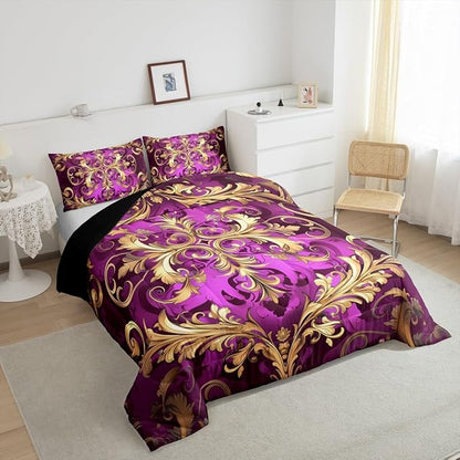 Erosebridal (Just Print Golden Damask Full Size Bedding, Vintage Florals Exotic Comforter Set for Kids Boys Girls, Hippie Boho Aztec Paisley Quilt Set Victorian Baroque Luxury Bed Sets