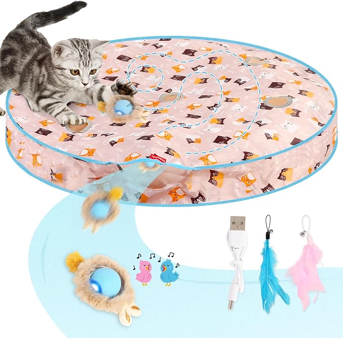 Interactive Cat Toys, Automatic Cat Play Hunting Mat Toy, Motion Activated Fast Moving Ball Hide and Seek for Indoor Enrichment Exercise, Animal Squeaky, 28 Inch Mat, 3 Tails