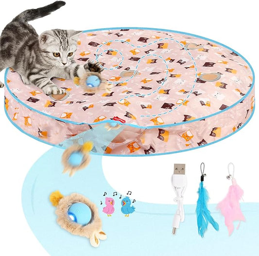 Interactive Cat Toys, Automatic Cat Play Hunting Mat Toy, Motion Activated Fast Moving Ball Hide and Seek for Indoor Enrichment Exercise, Animal Squeaky, 28 Inch Mat, 3 Tails