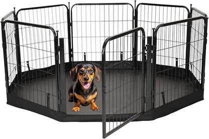 Dog Playpen w/Octagon Bottom Floor Cover - 24 inch, 8 Panel Portable Black Metal Pet Play Pen for Small Dogs & Puppies - Indoor/Outdoor Kennel Cage for Home, Yard, RV, or Camping
