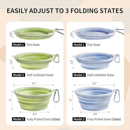 Collapsible Dog Bowls 2-Pack, Portable Travel Dog Bowl with Carabiner, Food-Grade Silicone Pet Bowl for Hiking, Walking (Macaron Blue and Green)