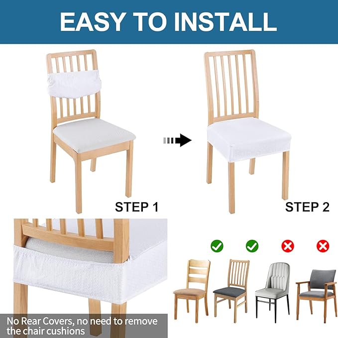 Smiry Waterproof Seat Covers for Dining Room Chairs Set of 2, Stretch Jacquard Removable Washable Chair Seat Slipcovers Protector, No Rear Covers, White