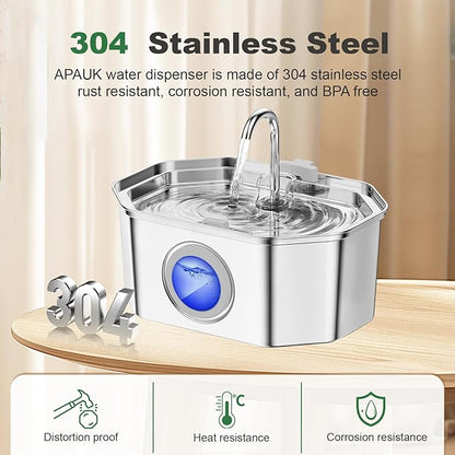 Cat Water Fountain Stainless Steel 108oz/3.2L, APAUK Automatic Pet Fountain Dog Water Dispenser with Water Level Window, Quiet Cat Fountain for Drinking, Inside with Replacement(2 Filters&2 Sponges)