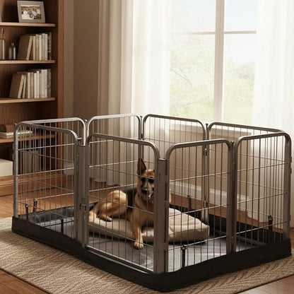 Dog Playpen w/Square Bottom Floor Cover - 32 inch, 8 Panel Portable Grey Metal Pet Play Pen for Small & Medium Dogs - Indoor/Outdoor Kennel Cage for Home, Yard, RV, or Camping