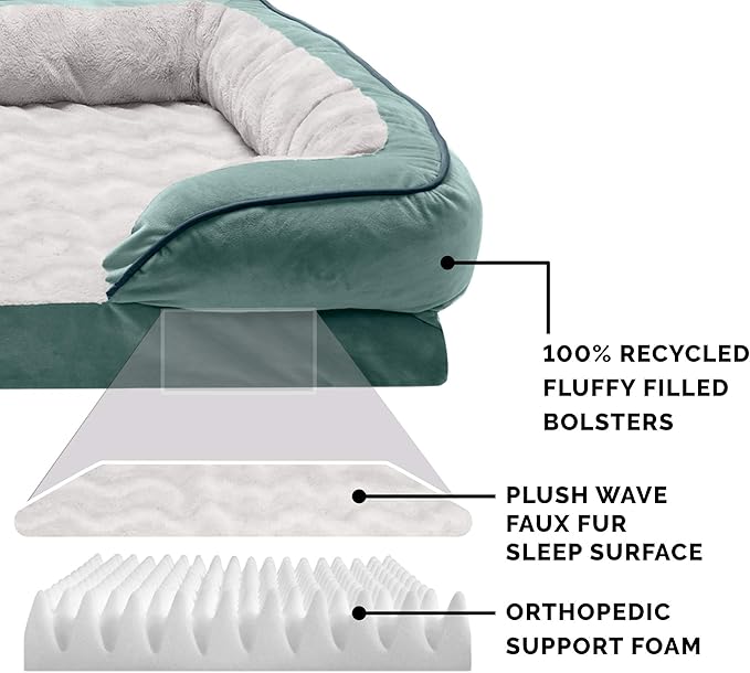 Furhaven Orthopedic Dog Bed for Medium/Small Dogs w/ Removable Bolsters & Washable Cover, For Dogs Up to 35 lbs - Plush & Velvet Waves Perfect Comfort Sofa - Celadon Green, Medium