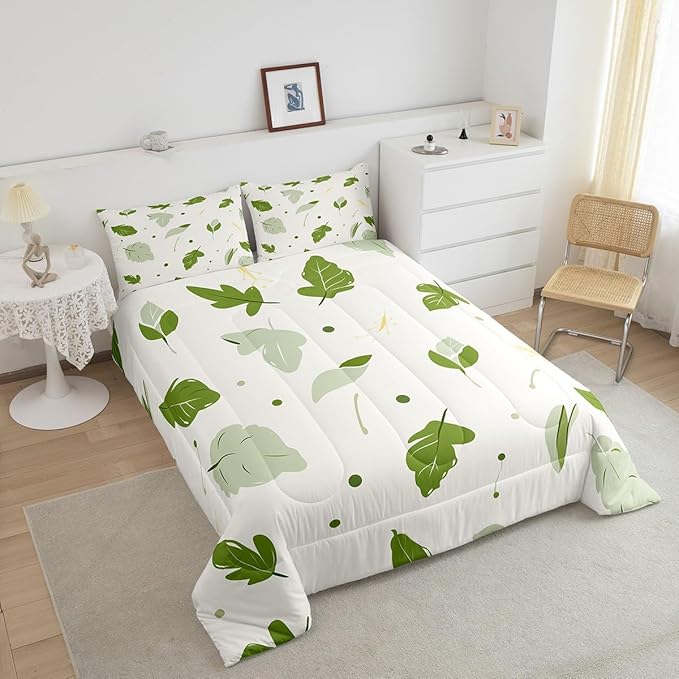 Erosebridal Green Leaf King Comforter Set White and Green Bedding Set King Botanical Theme Duvet Insert,Graffiti Cartoon Quilted Comforter Adults Men Women Microfiber Bedroom Décor 3 Piece